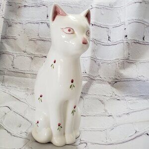 Loucarte White Cat Figurine Statue Floral 10-inch Porcelain Made in Portugal Vtg